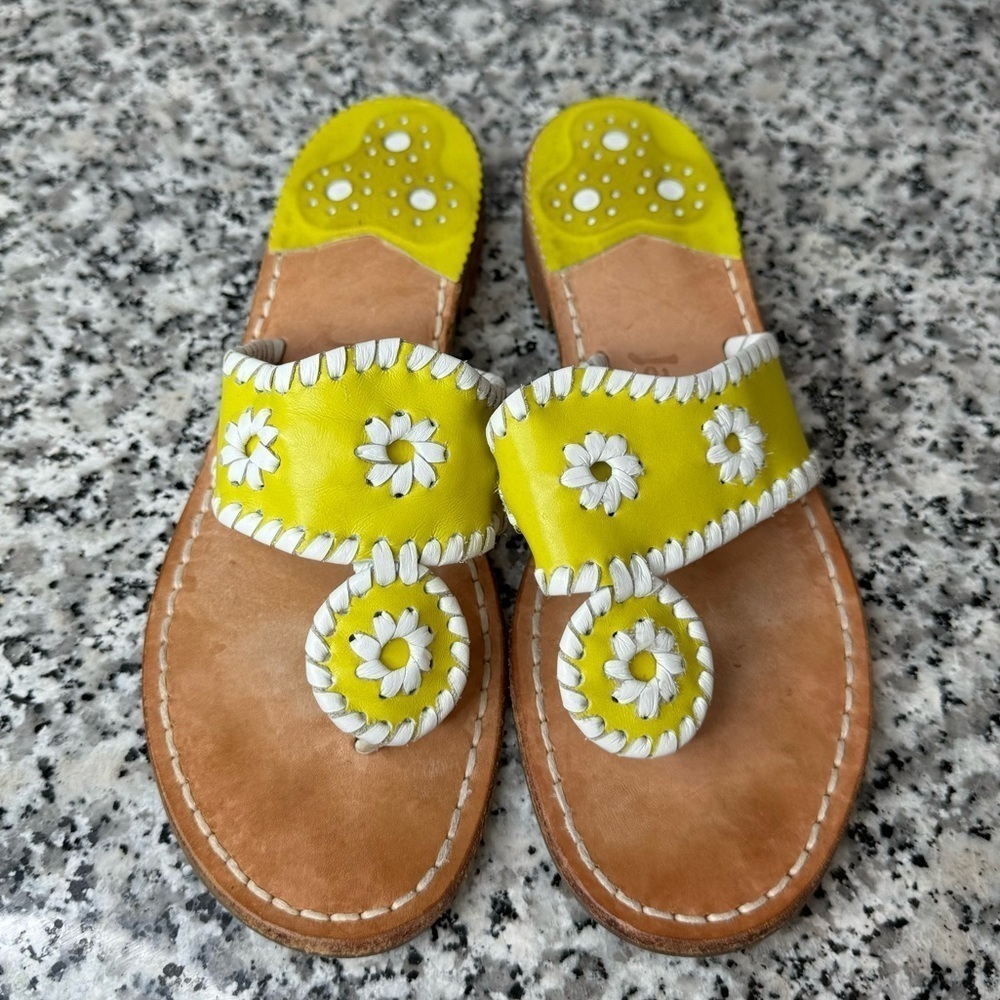 Jack Rogers Yellow Daisy Leather Slide Sandals